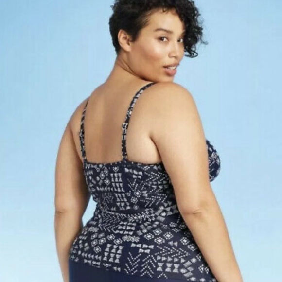 Plus Size Shirred Tankini Top -Navy Blue Geometric - Picture 7 of 11